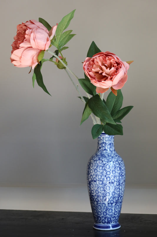Vaas vintage look blauw/wit bloemen motief 26hx10d