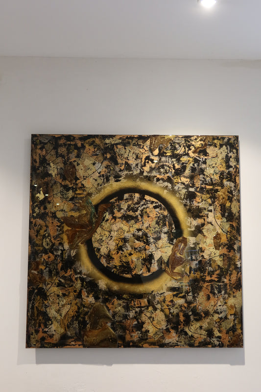 Halo of Light: Kunstwerk Epoxy van Ayla Guiaux, 1.00 x 1.00 m, herfsttinten.