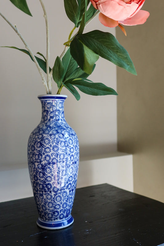 Vaas vintage look blauw/wit bloemen motief 26hx10d