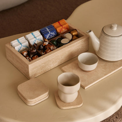 Travertine onderzetter - organisch - set van 4 stuks - 10x10x1cm